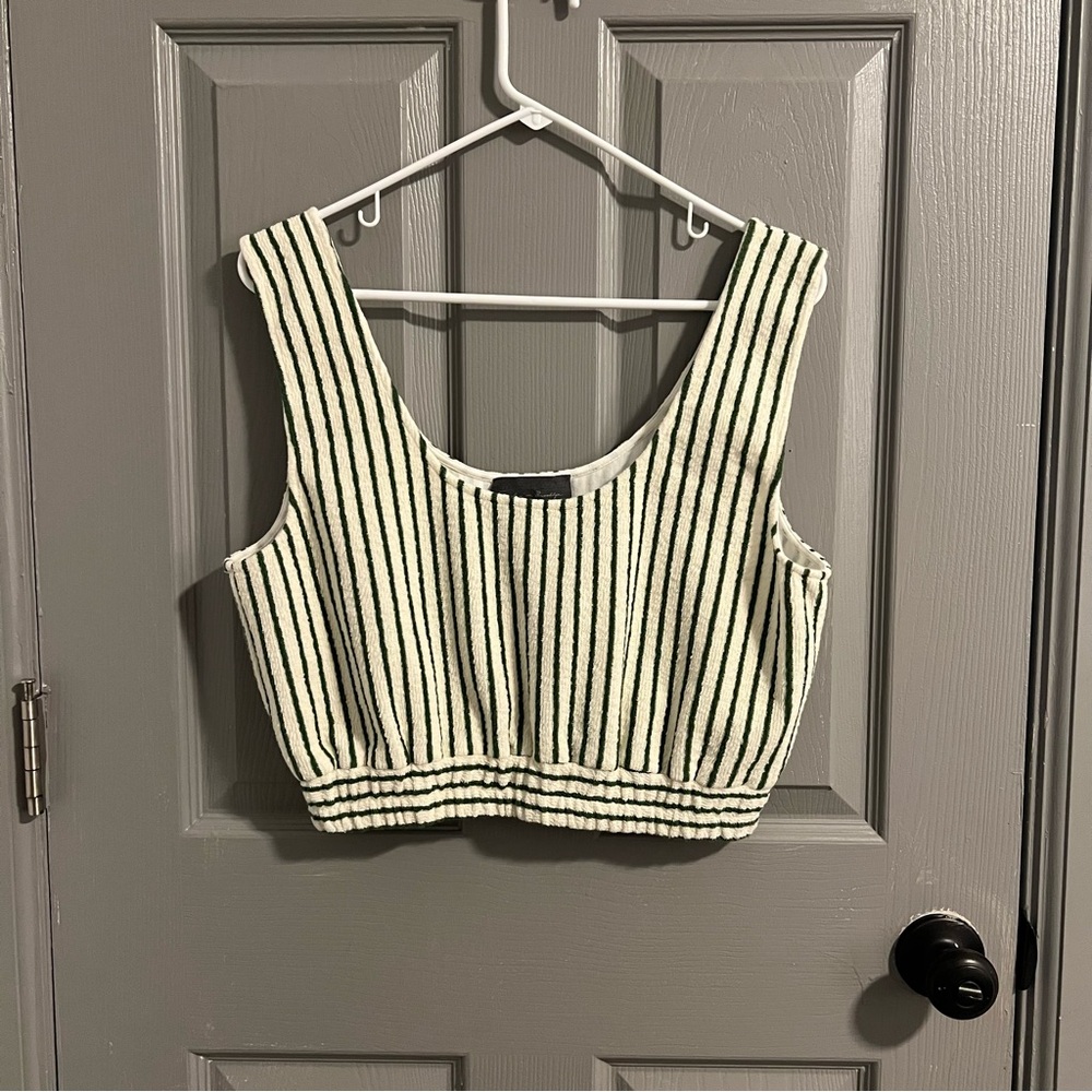 Sunday in Brooklyn Green Cream Terry Striped Crop Top - Picture 2 of 7